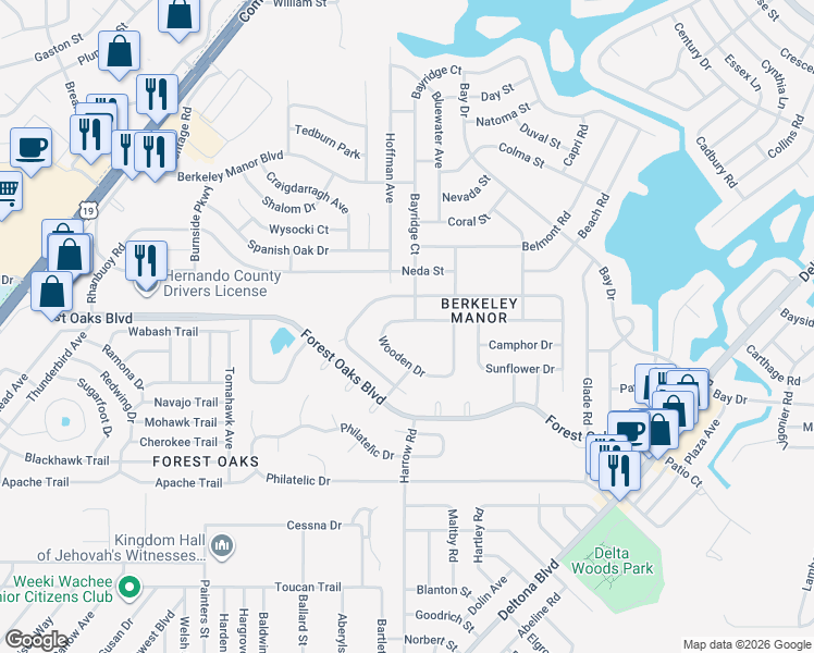 map of restaurants, bars, coffee shops, grocery stores, and more near 8122 Wooden Drive in Spring Hill