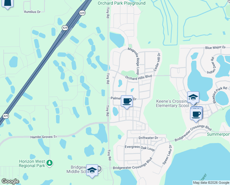 map of restaurants, bars, coffee shops, grocery stores, and more near 14637 Maple Arch Lane in Winter Garden