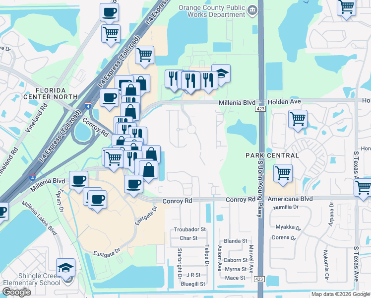 map of restaurants, bars, coffee shops, grocery stores, and more near 5005 Matteo Trail in Orlando
