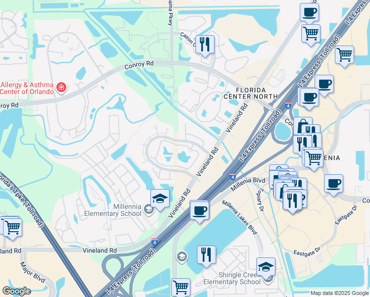 map of restaurants, bars, coffee shops, grocery stores, and more near 4704 Walden Circle in Orlando