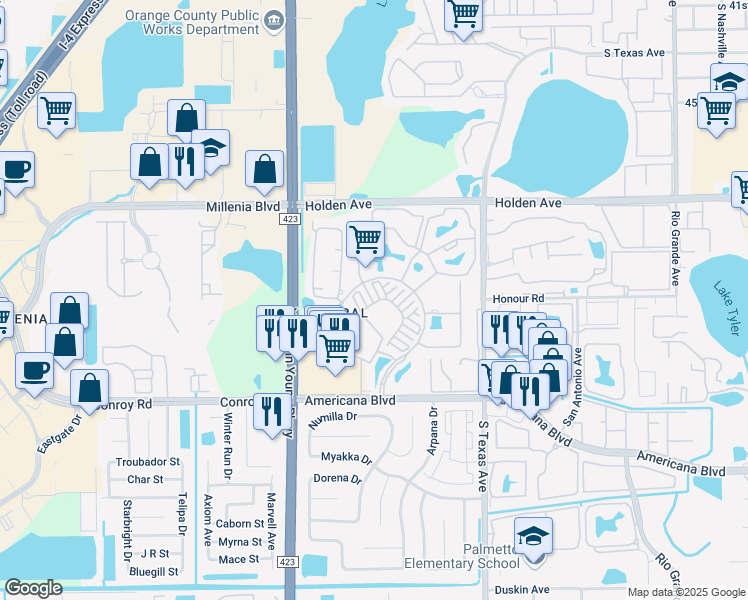 map of restaurants, bars, coffee shops, grocery stores, and more near 2532 Grand Central Parkway in Orlando