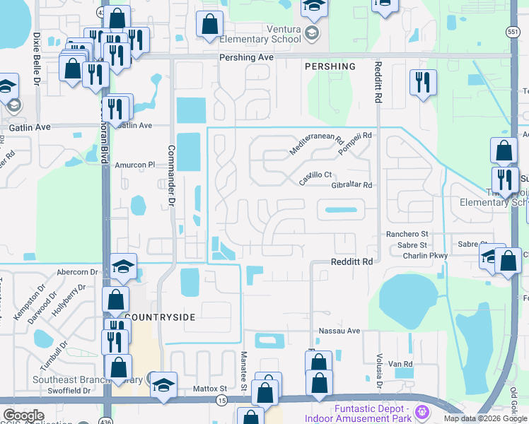 map of restaurants, bars, coffee shops, grocery stores, and more near 2884 Canyon Drive in Orlando