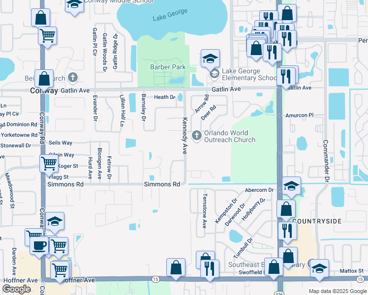 map of restaurants, bars, coffee shops, grocery stores, and more near 4400 Kennedy Avenue in Orlando
