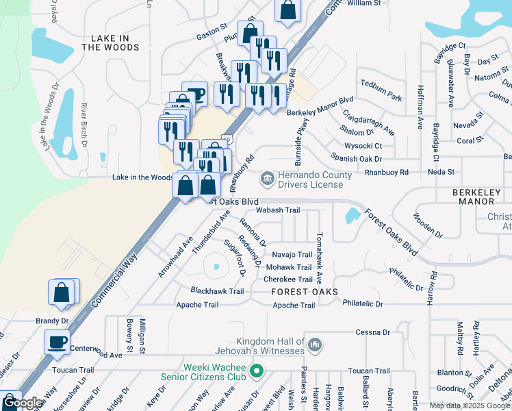 map of restaurants, bars, coffee shops, grocery stores, and more near 7419 Wabash Trail in Spring Hill