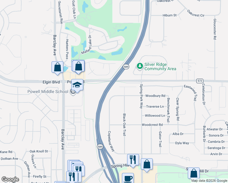 map of restaurants, bars, coffee shops, grocery stores, and more near 14510 Copeland Way in Spring Hill