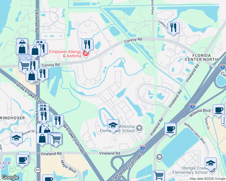 map of restaurants, bars, coffee shops, grocery stores, and more near 5144 Dove Tree Street in Orlando