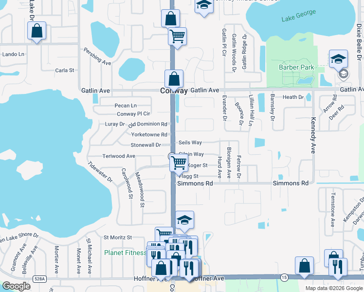 map of restaurants, bars, coffee shops, grocery stores, and more near 4414 Seils Way in Orlando