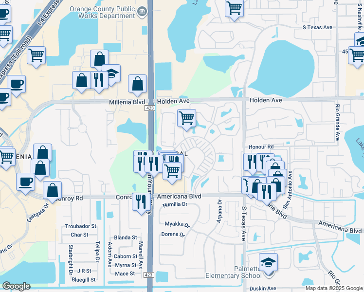 map of restaurants, bars, coffee shops, grocery stores, and more near 2532 Grand Central Parkway in Orlando