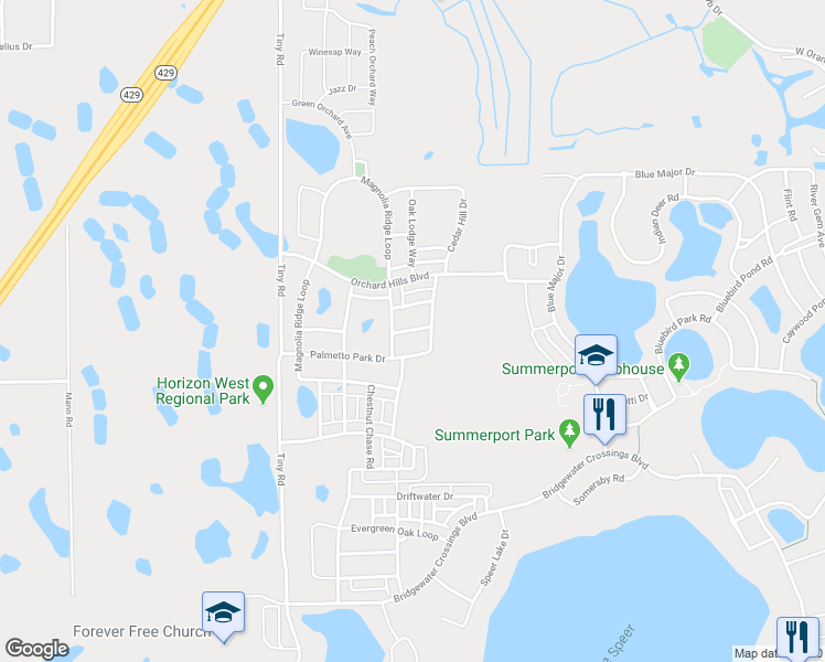 map of restaurants, bars, coffee shops, grocery stores, and more near Sabal Crest Way in Winter Garden