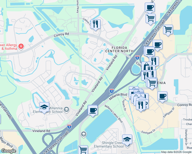 map of restaurants, bars, coffee shops, grocery stores, and more near 4701 Walden Circle in Orlando