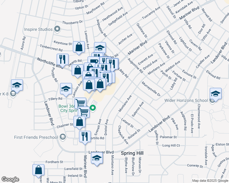 map of restaurants, bars, coffee shops, grocery stores, and more near 4125 Everett Avenue in Spring Hill