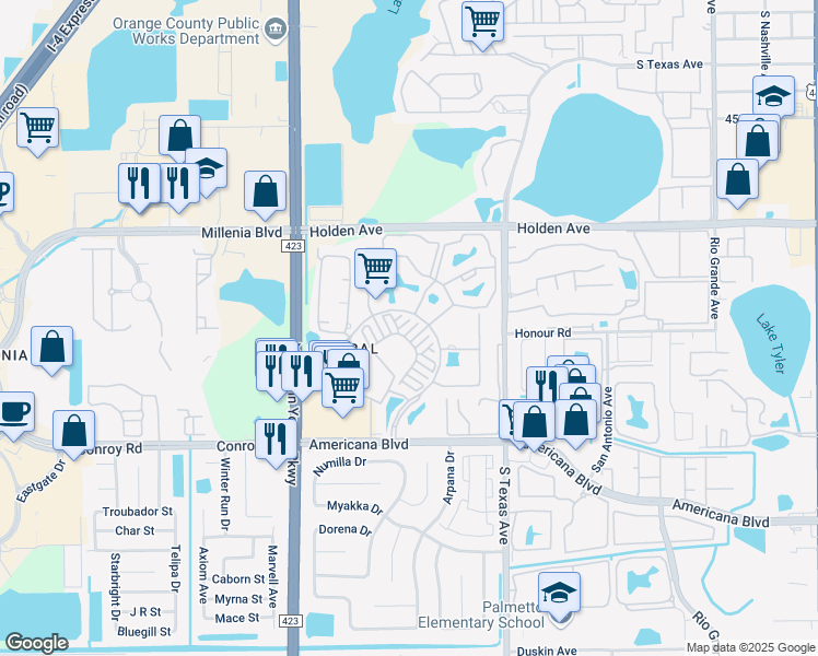 map of restaurants, bars, coffee shops, grocery stores, and more near 2460 Grand Central Parkway in Orlando