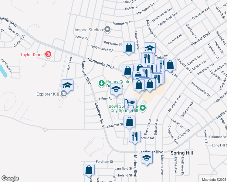 map of restaurants, bars, coffee shops, grocery stores, and more near 4150 Portillo Road in Spring Hill