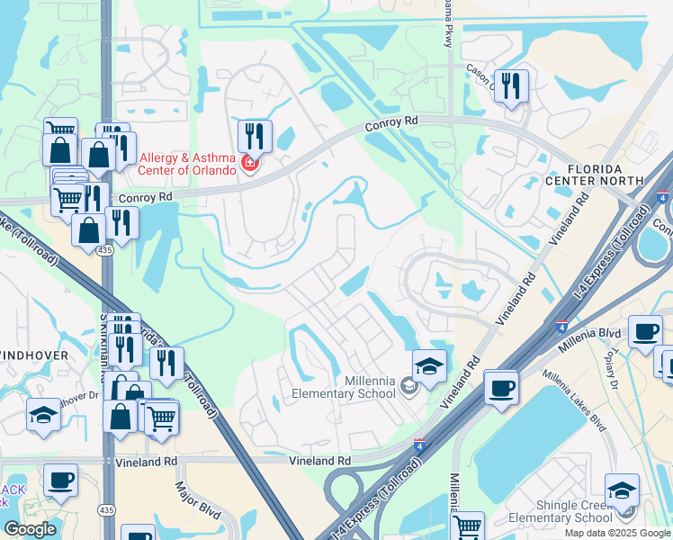 map of restaurants, bars, coffee shops, grocery stores, and more near 5144 Dove Tree Street in Orlando