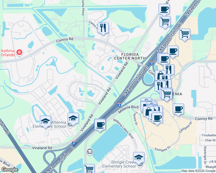 map of restaurants, bars, coffee shops, grocery stores, and more near in Orlando