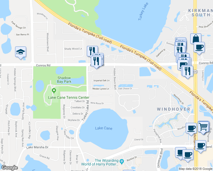 map of restaurants, bars, coffee shops, grocery stores, and more near 6615 Winder Lynne Lane in Orlando