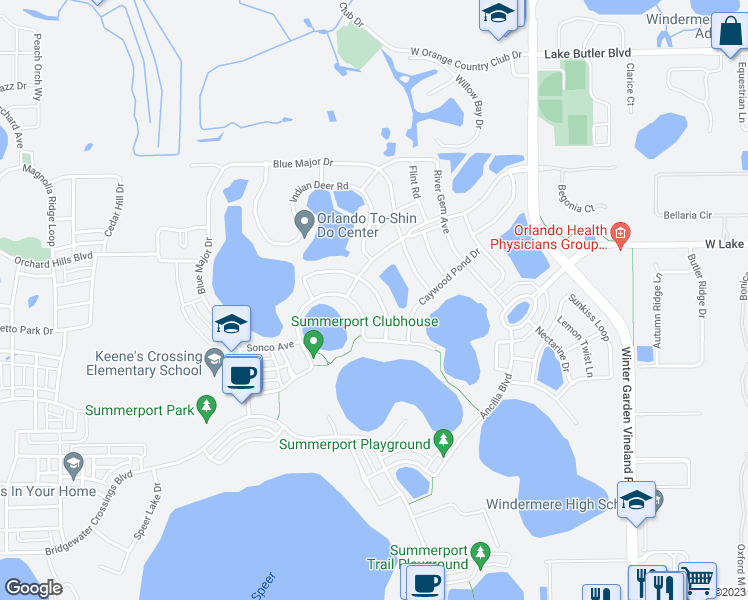 map of restaurants, bars, coffee shops, grocery stores, and more near 5148 Beach River Road in Windermere