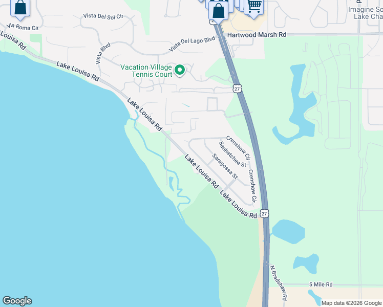 map of restaurants, bars, coffee shops, grocery stores, and more near 9537 Crenshaw Circle in Clermont