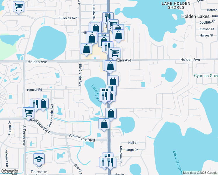 map of restaurants, bars, coffee shops, grocery stores, and more near 4855 South Orange Blossom Trail in Orlando