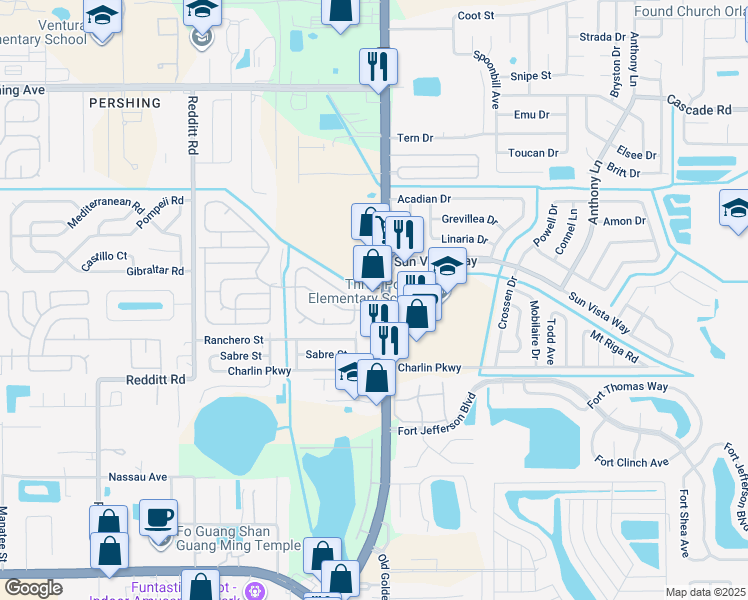 map of restaurants, bars, coffee shops, grocery stores, and more near 7455 Molokai Street in Orlando