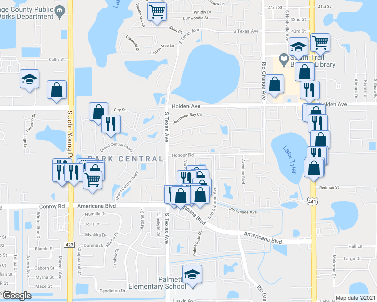 map of restaurants, bars, coffee shops, grocery stores, and more near 2129 Honour Road in Orlando