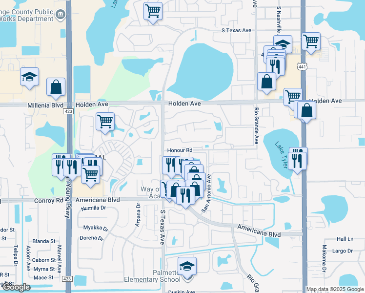map of restaurants, bars, coffee shops, grocery stores, and more near 2129 Honour Road in Orlando
