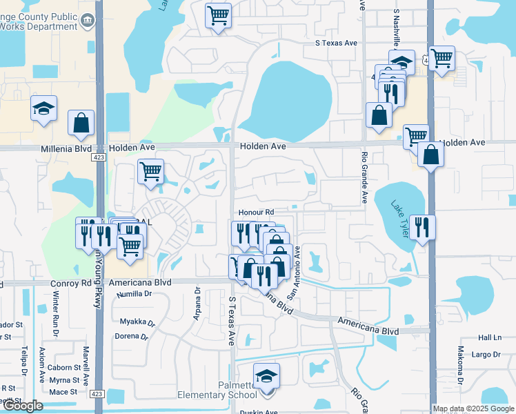 map of restaurants, bars, coffee shops, grocery stores, and more near 2129 Honour Road in Orlando