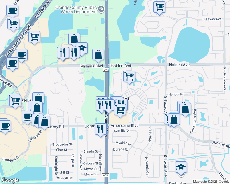 map of restaurants, bars, coffee shops, grocery stores, and more near 5256 Wellington Park Circle in Orlando