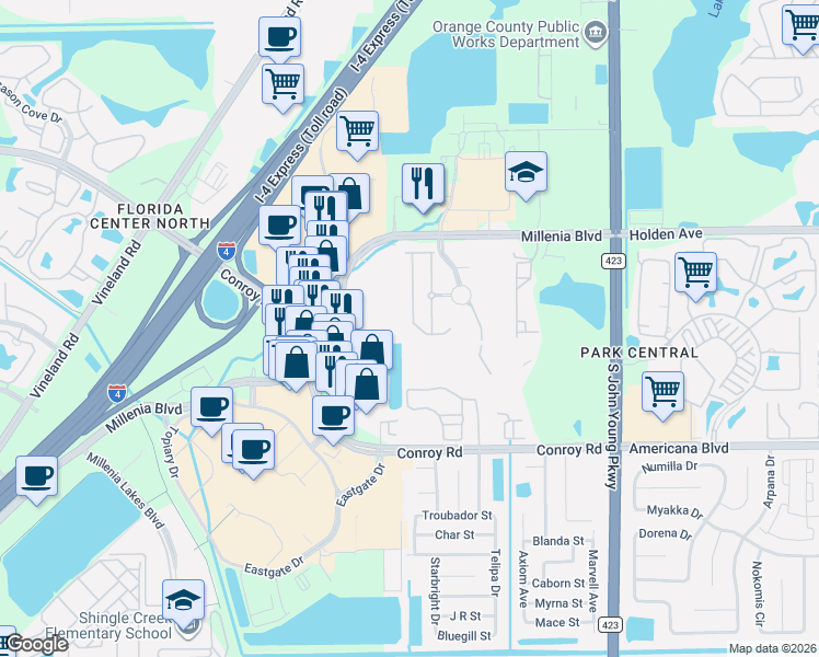 map of restaurants, bars, coffee shops, grocery stores, and more near 4940 Matteo Trail in Orlando