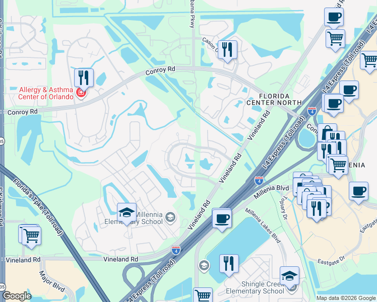 map of restaurants, bars, coffee shops, grocery stores, and more near 4716 Walden Circle in Orlando