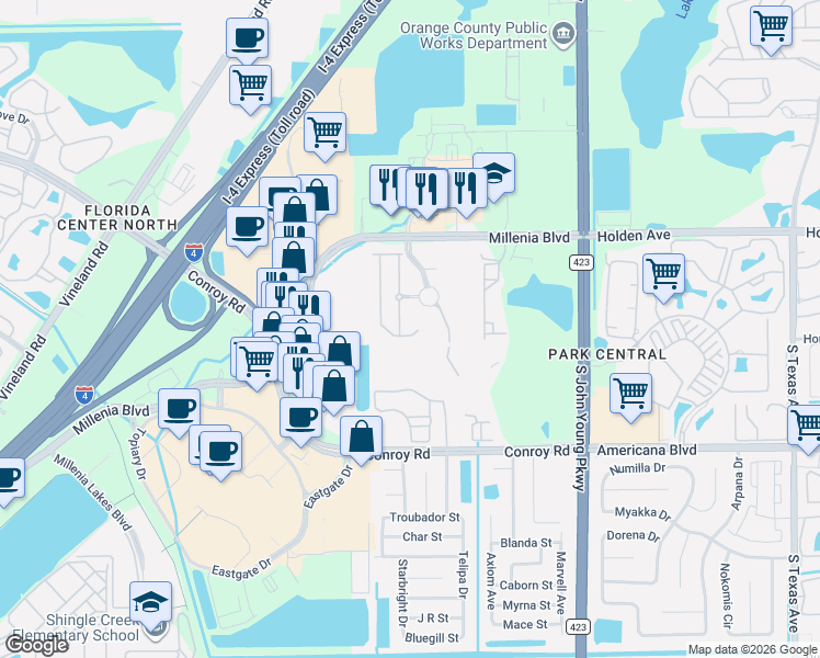 map of restaurants, bars, coffee shops, grocery stores, and more near 5005 Matteo Trail in Orlando