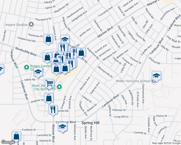map of restaurants, bars, coffee shops, grocery stores, and more near 4154 Dristol Avenue in Spring Hill