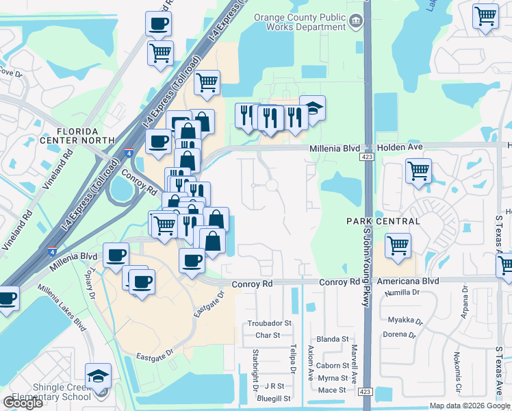 map of restaurants, bars, coffee shops, grocery stores, and more near 5005 Matteo Trail in Orlando