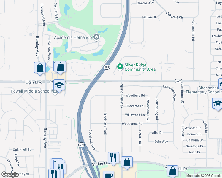 map of restaurants, bars, coffee shops, grocery stores, and more near 15084 Burgess Court in Brooksville