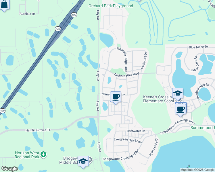 map of restaurants, bars, coffee shops, grocery stores, and more near 14637 Maple Arch Lane in Winter Garden