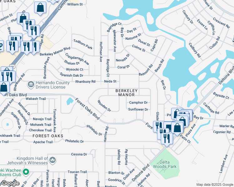 map of restaurants, bars, coffee shops, grocery stores, and more near 8147 Wooden Drive in Spring Hill