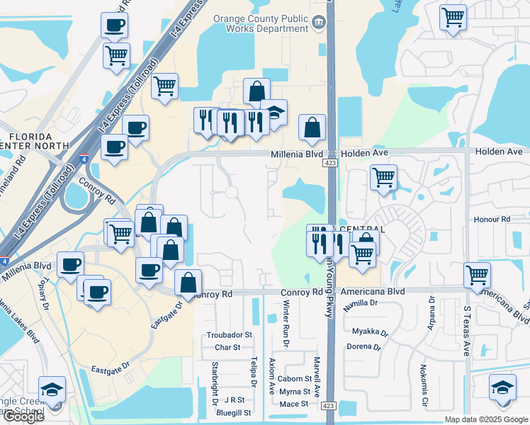 map of restaurants, bars, coffee shops, grocery stores, and more near 4960 Luge Lane in Orlando
