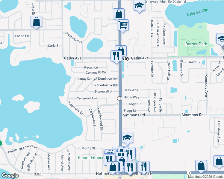 map of restaurants, bars, coffee shops, grocery stores, and more near 4321 Stonewall Drive in Orlando