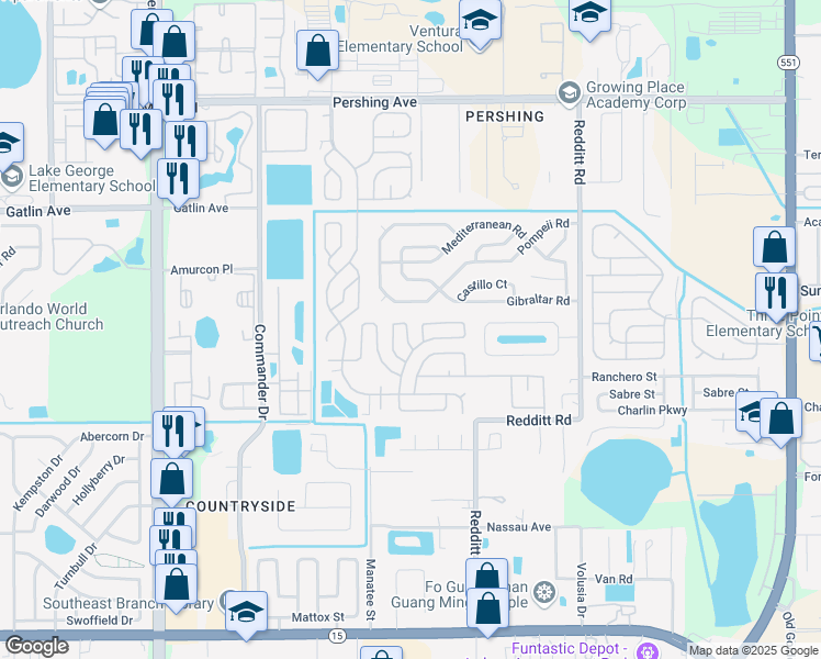 map of restaurants, bars, coffee shops, grocery stores, and more near 2884 Canyon Drive in Orlando
