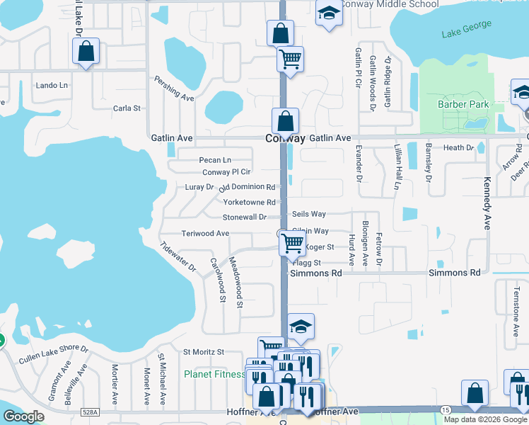 map of restaurants, bars, coffee shops, grocery stores, and more near 4321 Stonewall Drive in Orlando
