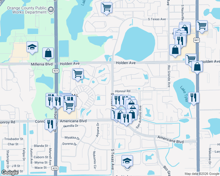 map of restaurants, bars, coffee shops, grocery stores, and more near 5011 Savannah River Way in Orlando