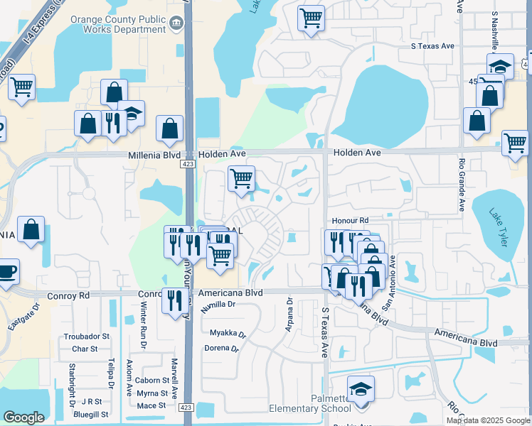 map of restaurants, bars, coffee shops, grocery stores, and more near in Orlando