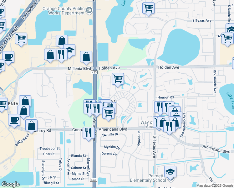 map of restaurants, bars, coffee shops, grocery stores, and more near 2532 Grand Central Parkway in Orlando