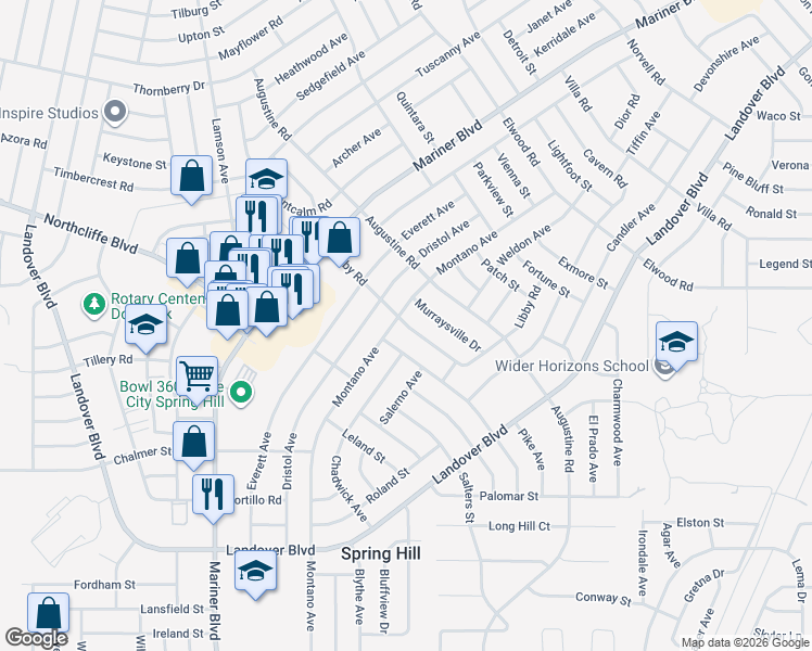 map of restaurants, bars, coffee shops, grocery stores, and more near 11234 Libby Road in Spring Hill