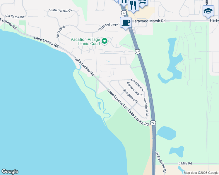 map of restaurants, bars, coffee shops, grocery stores, and more near 9537 Crenshaw Circle in Clermont