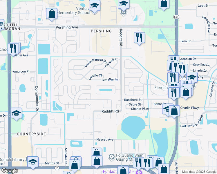 map of restaurants, bars, coffee shops, grocery stores, and more near 6902 Edgefield Lane in Orlando
