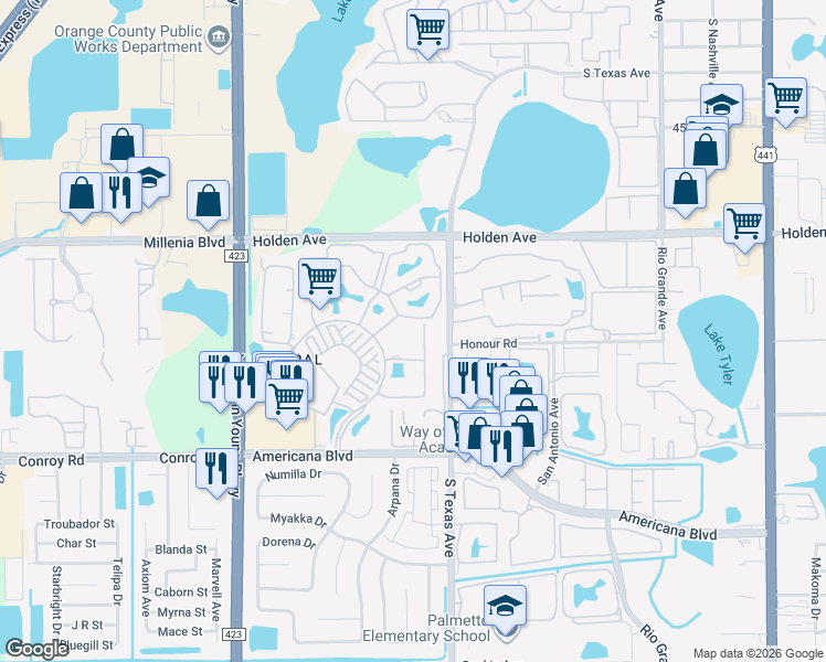 map of restaurants, bars, coffee shops, grocery stores, and more near 5004 Savannah River Way in Orlando
