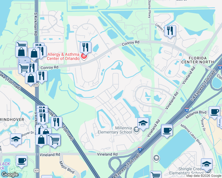 map of restaurants, bars, coffee shops, grocery stores, and more near 5132 Dove Tree Street in Orlando