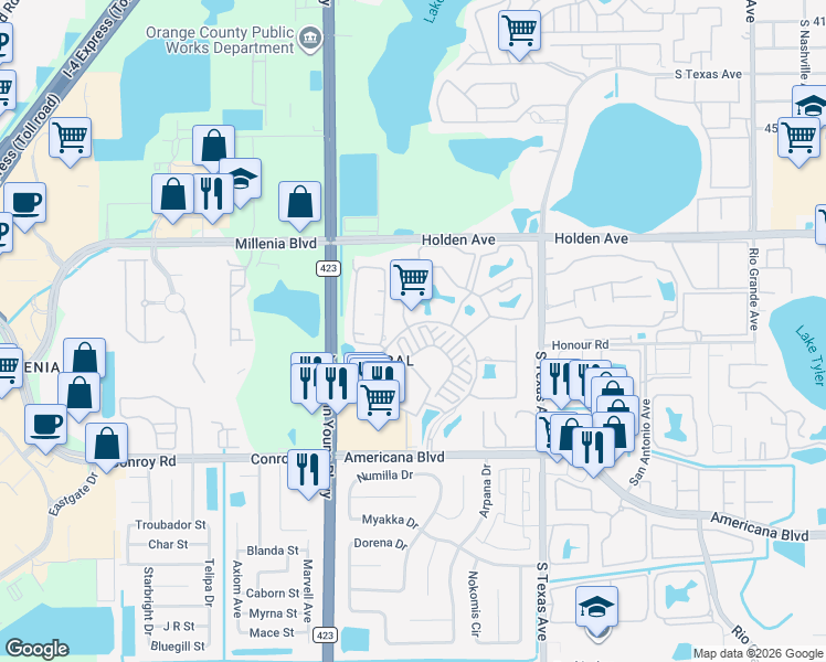 map of restaurants, bars, coffee shops, grocery stores, and more near 2532 Grand Central Parkway in Orlando