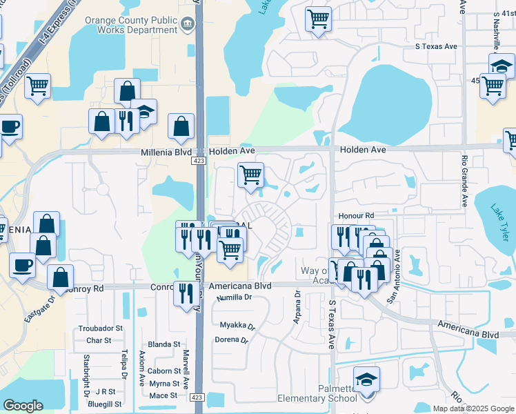 map of restaurants, bars, coffee shops, grocery stores, and more near 2532 Grand Central Parkway in Orlando